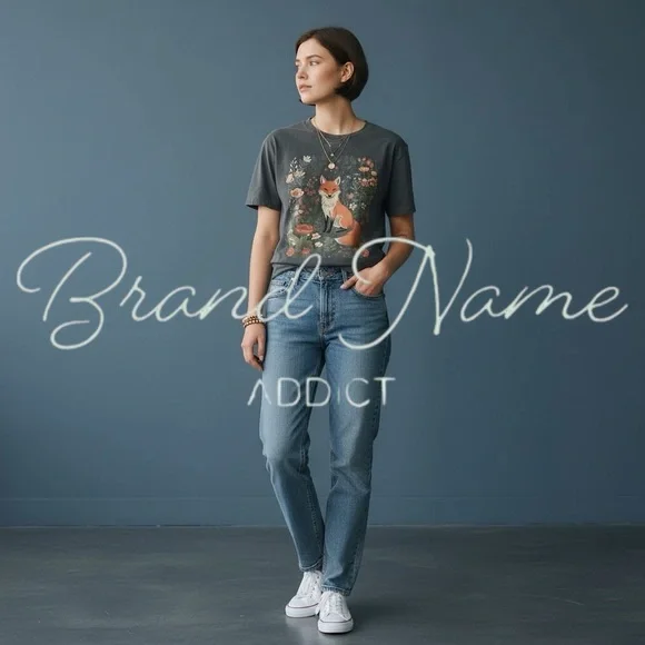 Floral Forest Fox 100% Cotton Dark Gray Short Sleeve Tee - Picture 3 of 3